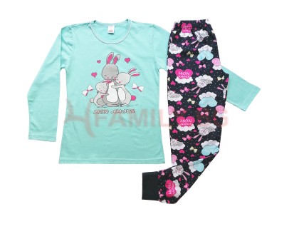 Детска памучна пижама Зайчета, размери 134см - 158см