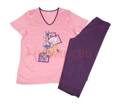 Дамски макси пижами къс ръкав и 7/8 панталон Цветя, размери 2XL - 3XL