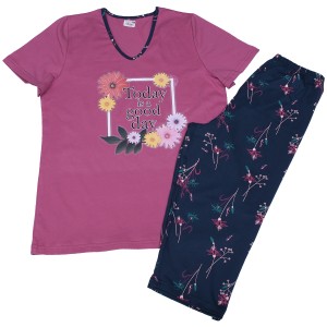 Дамски макси пижами къс ръкав и 7/8 панталон Цветя, размер 2XL