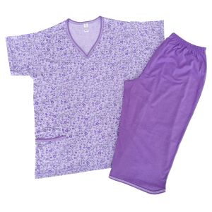 Дамска пижама къс ръкав Цветя лилава и 7/8 панталон, размери L - 4XL